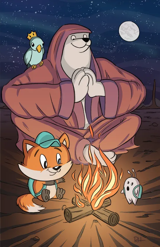 An unusual group of animal friends huddled around a campfire in the desert.