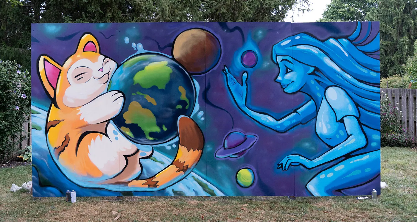 A cat and a woman in space, playing with the planets