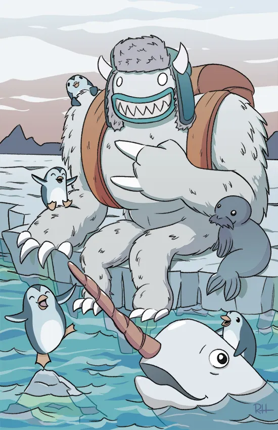A smiling yeti-like character with some arctic friends.