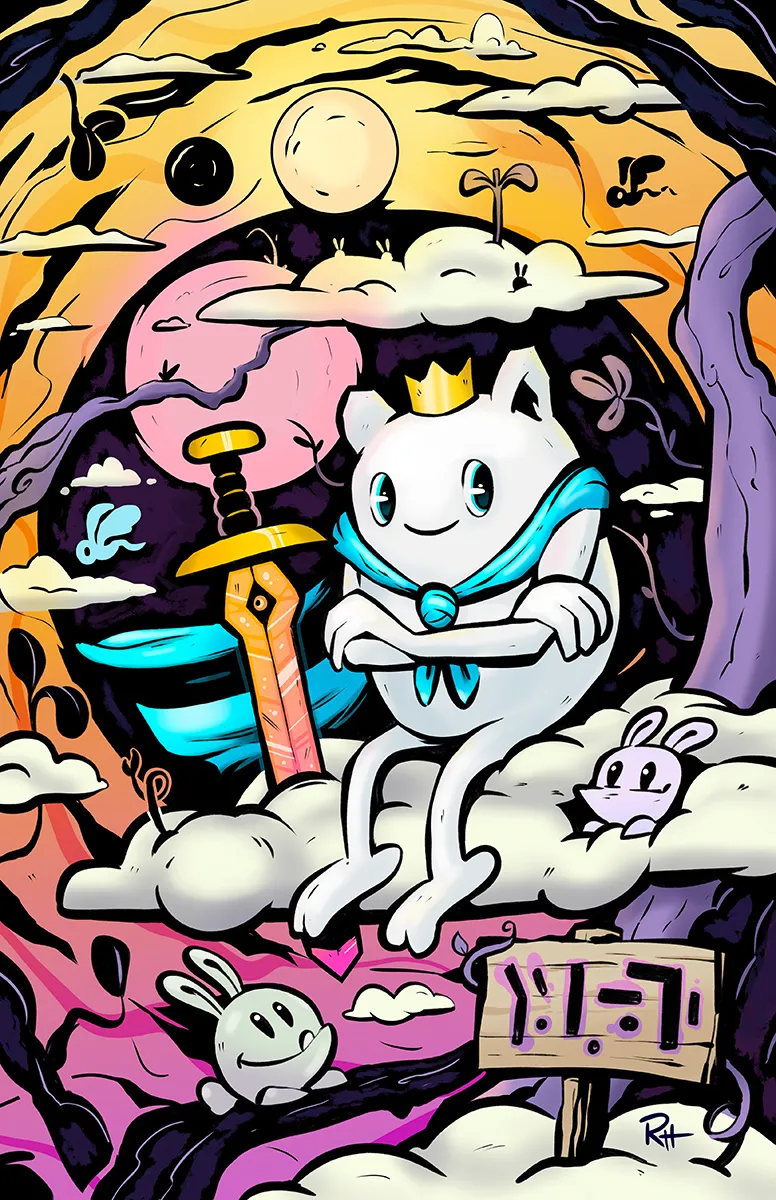 A smiling cartoonish adventure-time-ish character with a blue cape sitting on a cloud among bunnies with a purple and orange cloudy backdrop.
